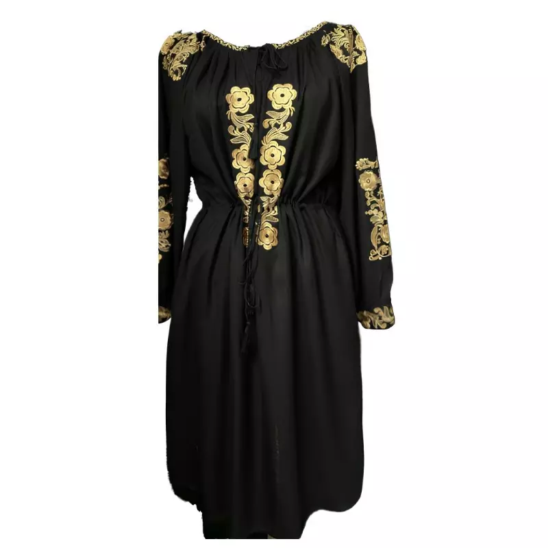 Rochie traditionala midi neagra cu motiv floral auriu - RTM37