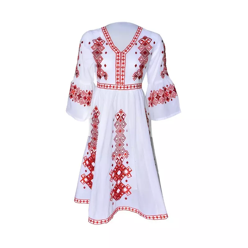 Rochie traditionala evazata alba cu motiv geometric rosu - RTM43