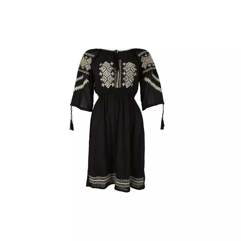 Rochie Traditionala Midi Neagra cu Motiv Geometric Crem- RTM29