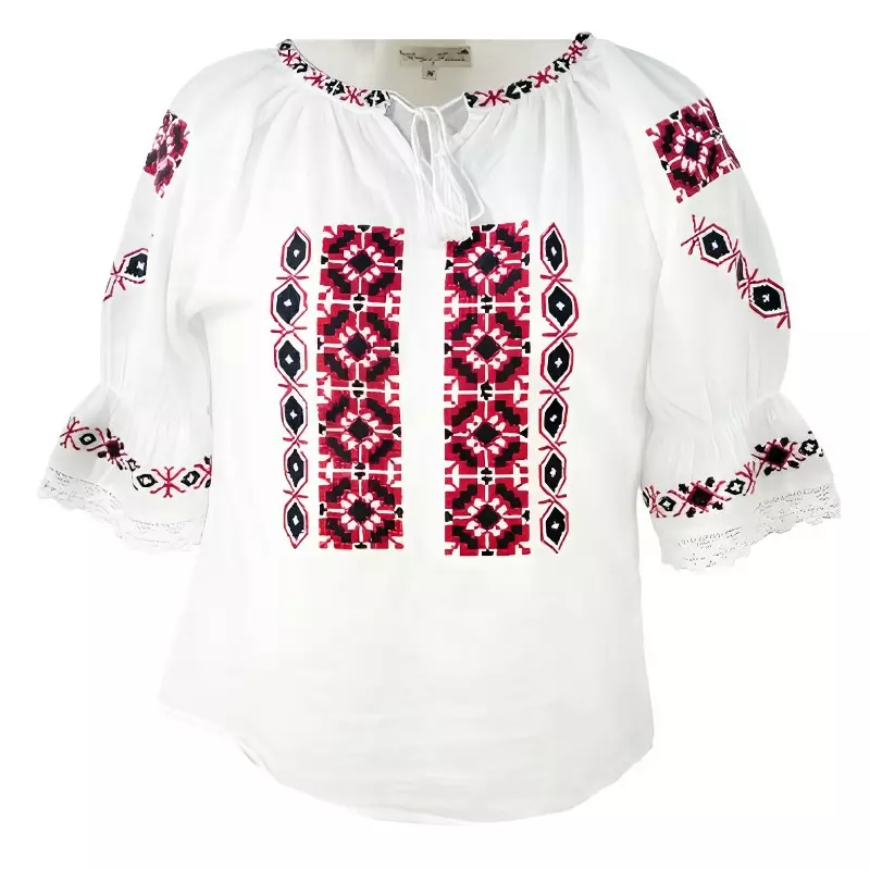 Ie Traditionala Alba pentru Fetite cu Motiv Geometric Rosu - ITF06