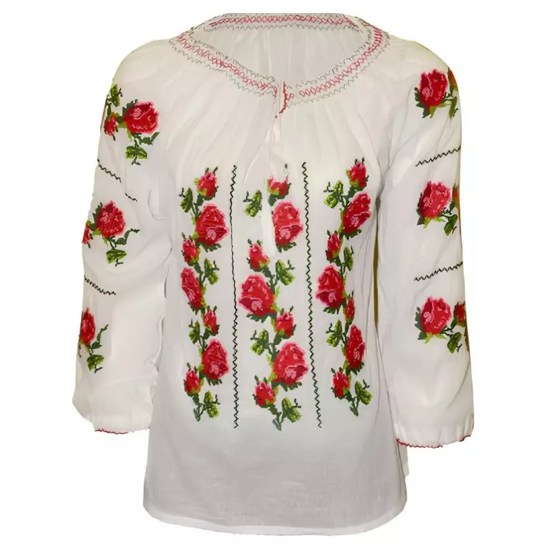 Ie Traditionala Alba pentru Fetite cu Motiv Floral Rosu - ITF02