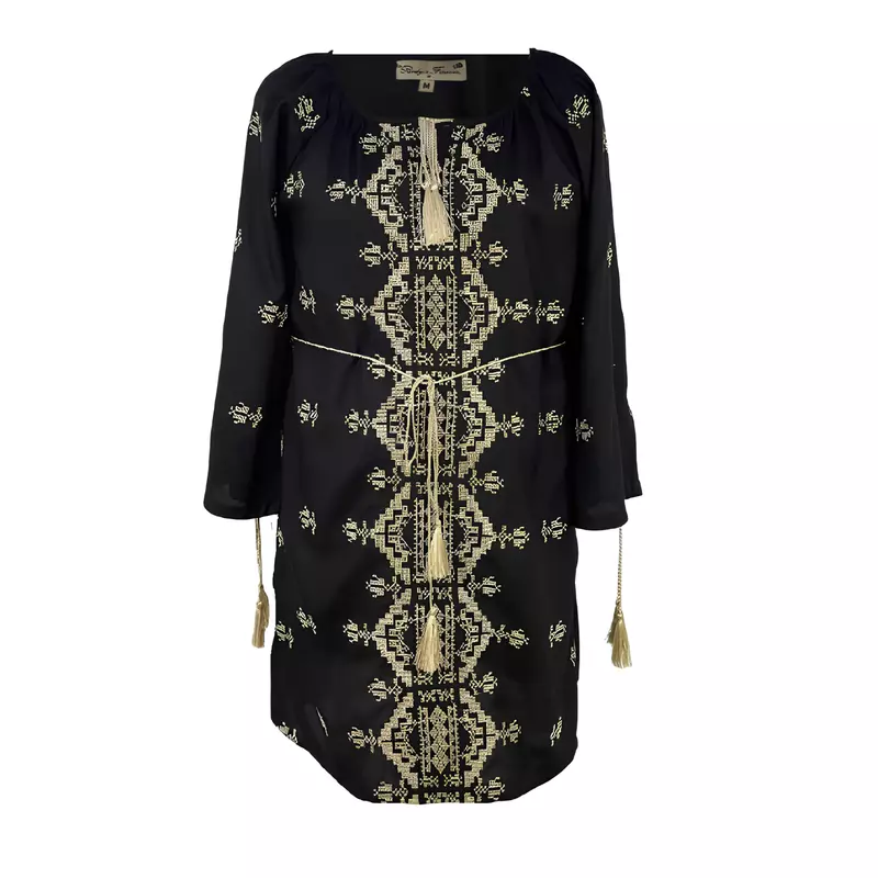 Bluza Tip Tunica Neagra cu Motiv Geometric Auriu- BMG06