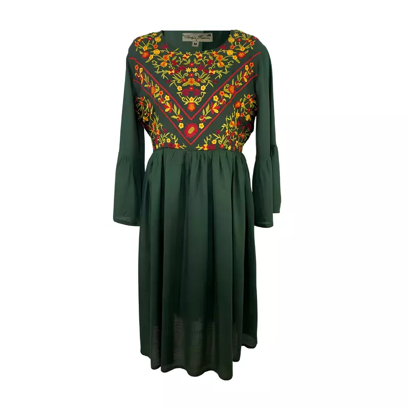 Rochie traditionala evazata verde cu motiv floral multicolor - RTM60