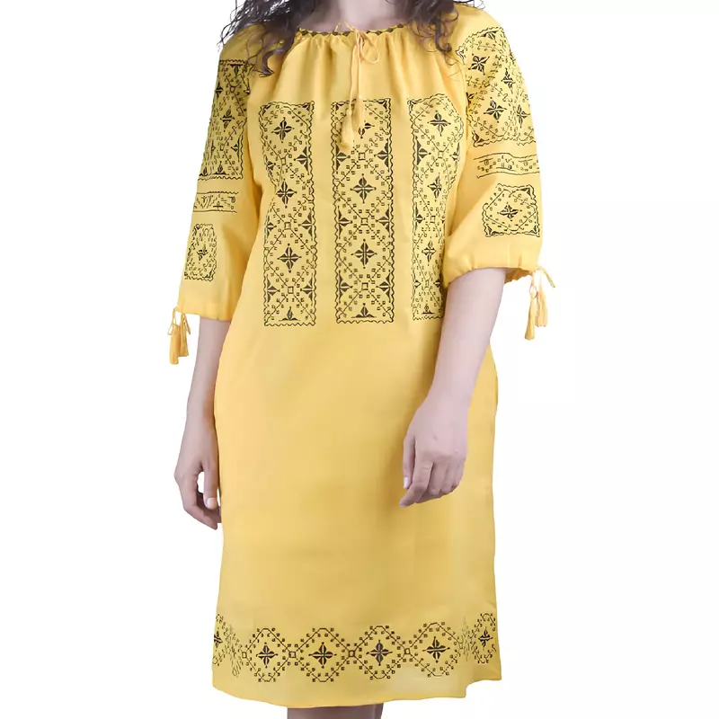 Rochie traditionala midi galbena cu motiv geometric negru - RTM47