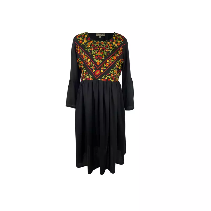 Rochie Traditionala Evazata Neagra cu Motiv Floral Multicolor - RTM15