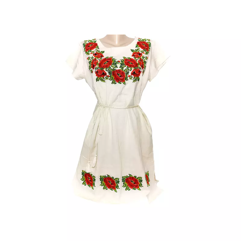 Rochie traditionala midi crem cu motiv floral rosu- RTM59