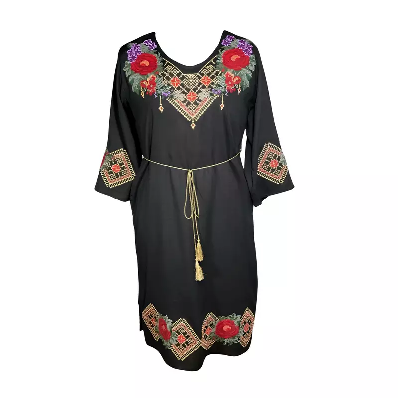 Rochie traditionala midi neagra cu motiv floral rosu - RTM44