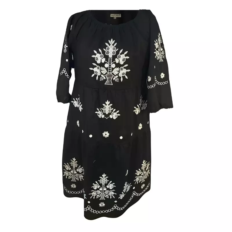 Rochie traditionala midi neagra cu motiv floral alb - RTM31