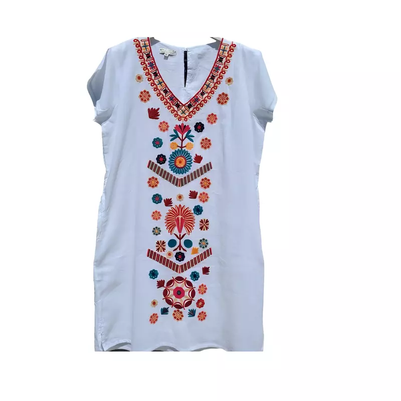Rochie Traditionala Midi Alba cu Motiv Floral Multicolor - RTM18