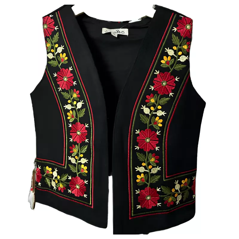 Vesta Traditionala Neagra pentru Fetite cu Broderie Florala Rosie - VTF01