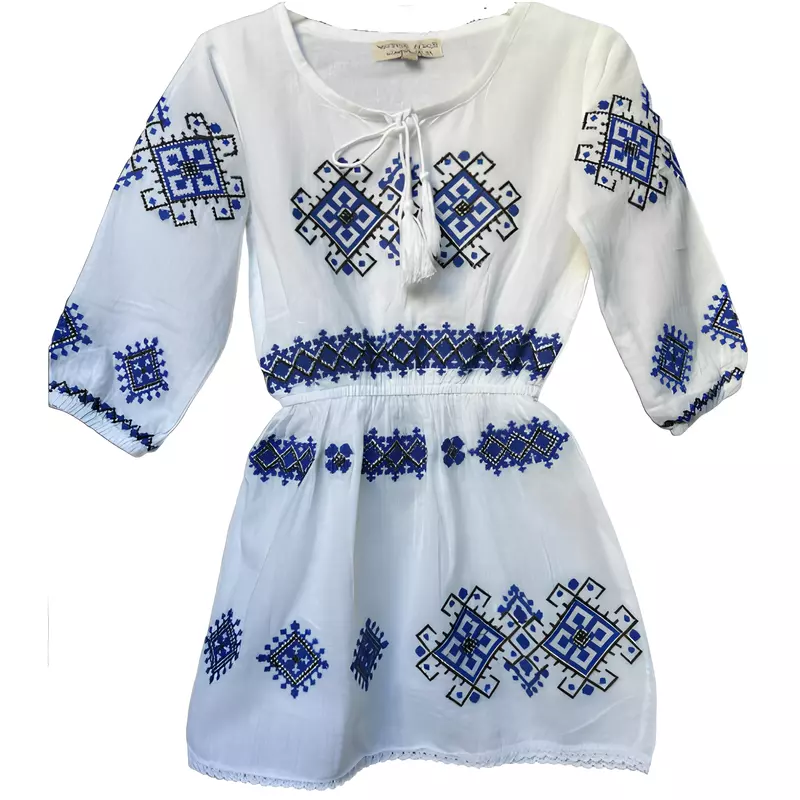 Rochie Traditionala Alba pentru Fetite cu Motiv Geometric Albastru -  RTF04