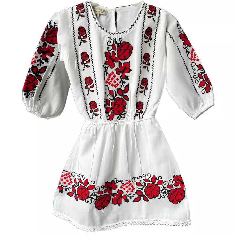 Rochie Traditionala Alba pentru Fetite cu Motiv Floral Rosu -  RTF06