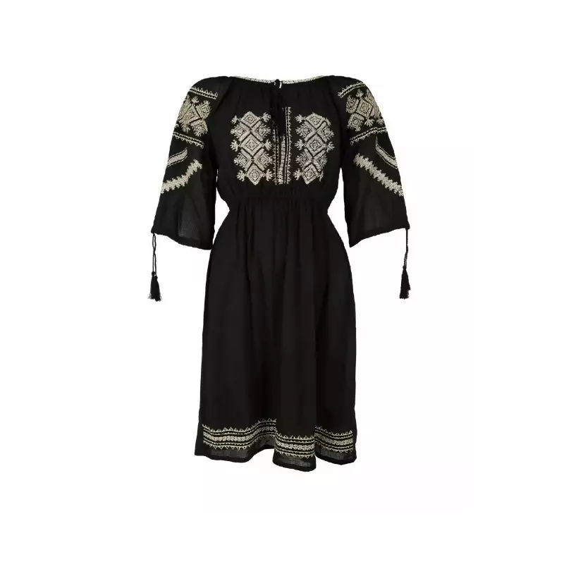 Rochie Traditionala Midi Neagra cu Motiv Geometric Crem- RTM29