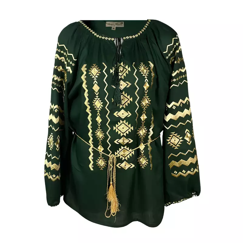 Bluza Tip Ie Verde cu Motiv Geometric Auriu - BMG17