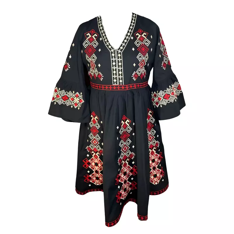 Rochie traditionala evazata neagra cu motiv geometric multicolor - RTM34
