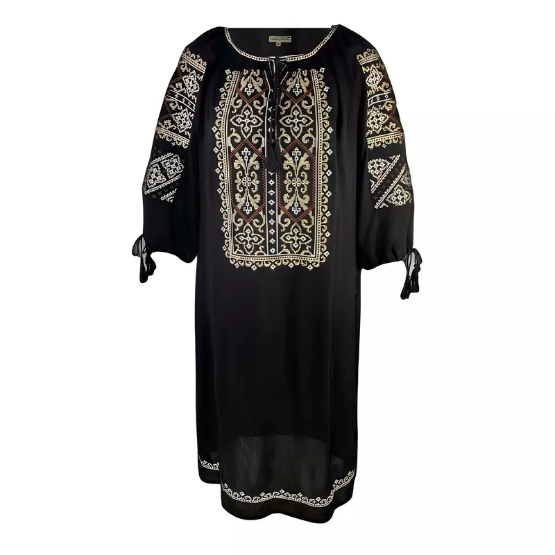 Rochie Traditionala Midi Neagra cu Motiv Floral Crem - RTM08