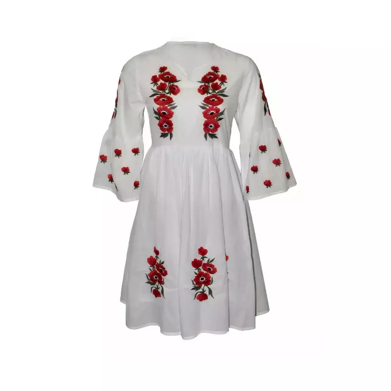 Rochie Traditionala Evazata Alba cu Motiv Floral Rosu- RTM09