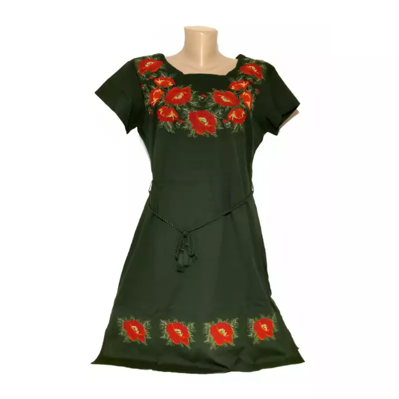 Rochie Traditionala Midi Verde cu Motiv Floral Rosu - RTM13