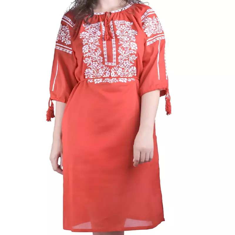 Rochie traditionala midi rosie cu motiv floral alb - RTM49