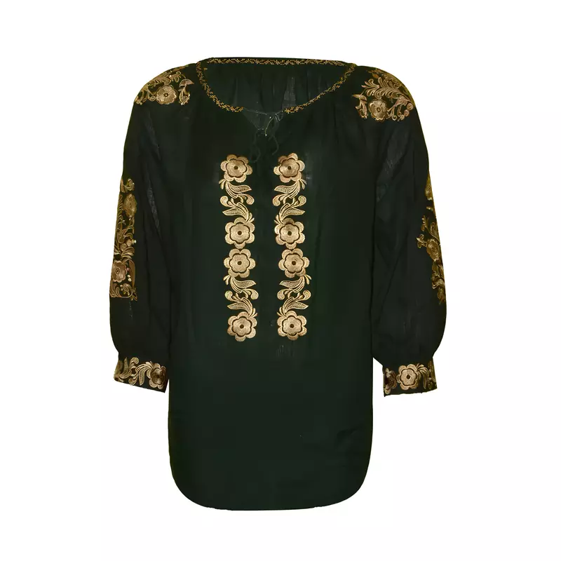 Bluza Tip Ie Verde cu Motiv Floral Auriu - BMG11