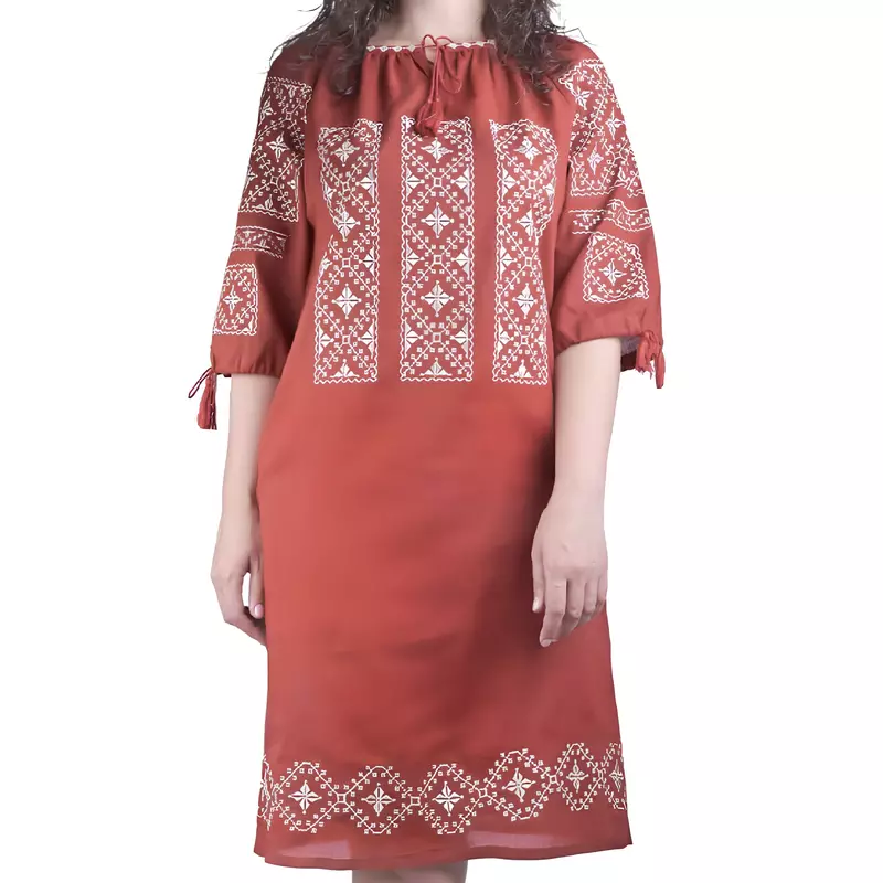 Rochie traditionala midi rosie cu motiv geometric crem - RTM51