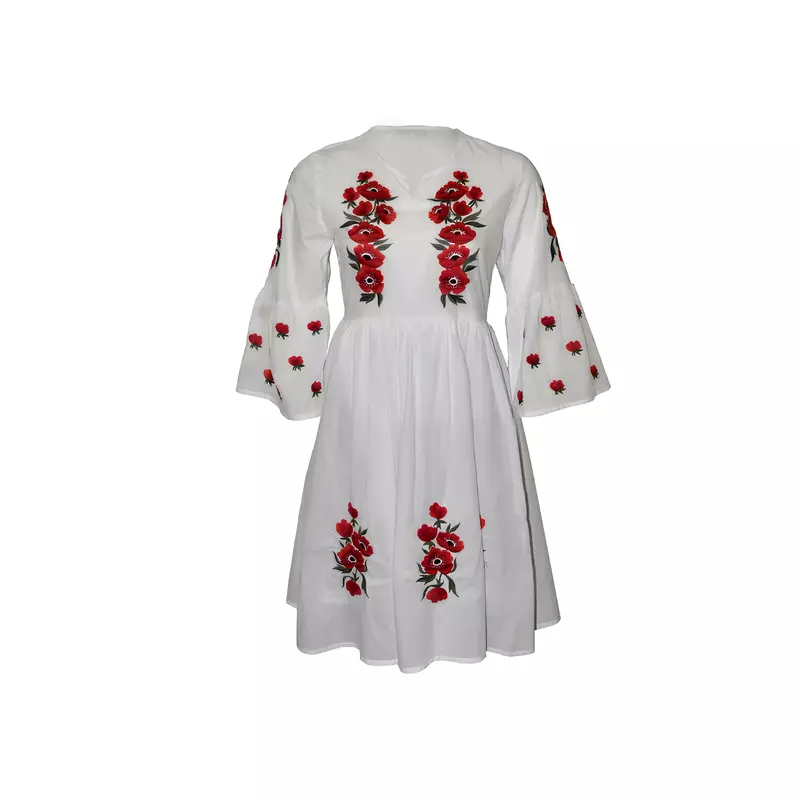 Rochie Traditionala Evazata Alba cu Motiv Floral Rosu- RTM09