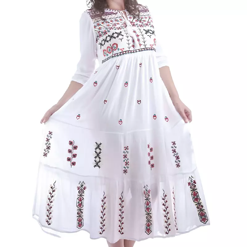 Rochie traditionala maxi alba cu motiv floral multicolor - RTM46