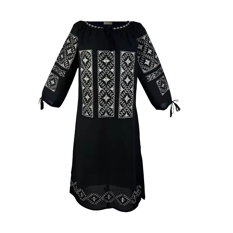 Rochie traditionala midi neagra cu motiv geometric crem - RTM50