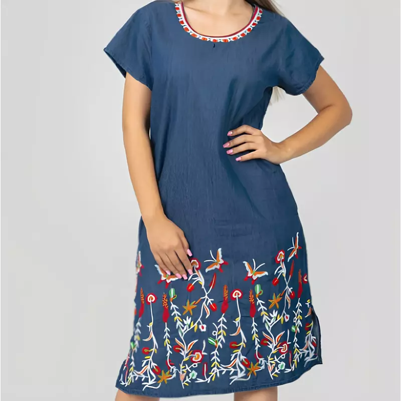 Rochie Traditionala Midi Neagra cu Motiv Floral Multicolor - RTM12