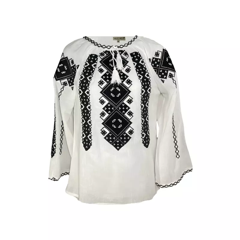 Ie Traditionala Alba cu Motiv Geometric Negru- IML04