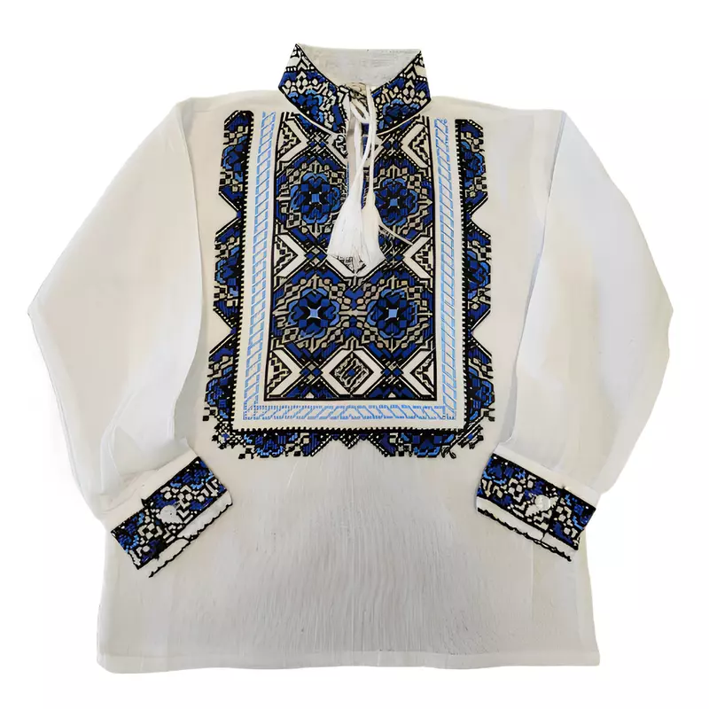 Camasa Traditionala de Baieti Alba cu Motiv Floral Albastru - ITB33