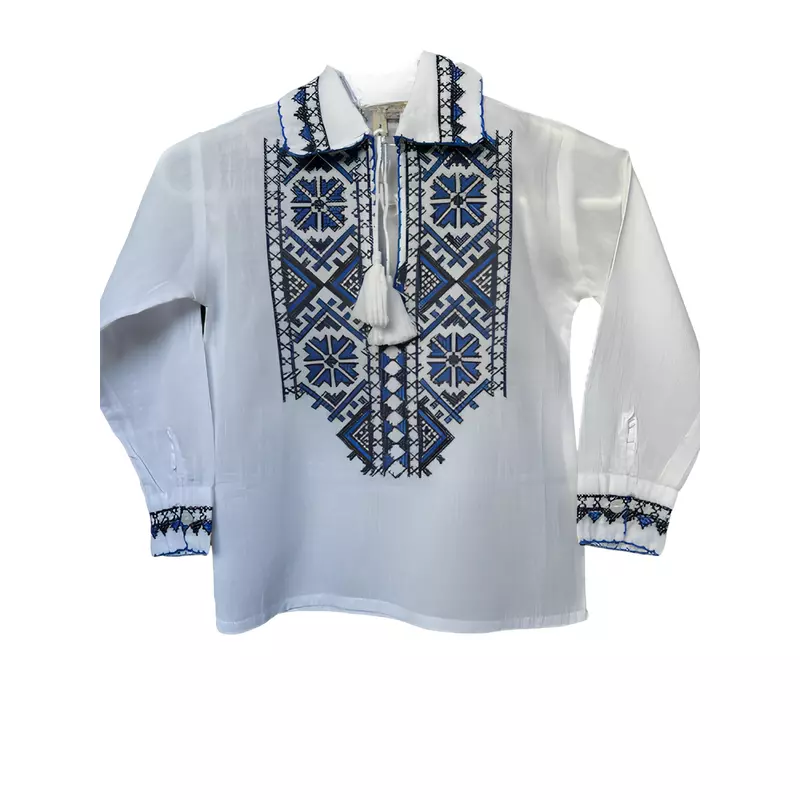 Camasa Traditionala de Baieti Alba cu Motiv Geometric Albastru - ITB36