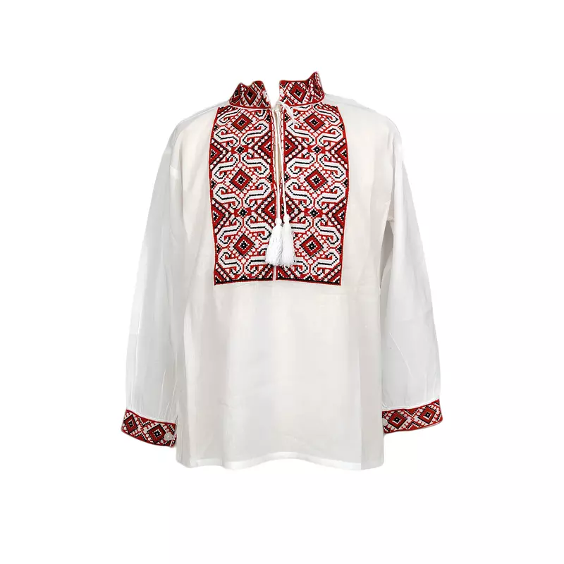 Camasa Traditionala de Baieti Alba cu Motiv Geometric Rosu - ITB39