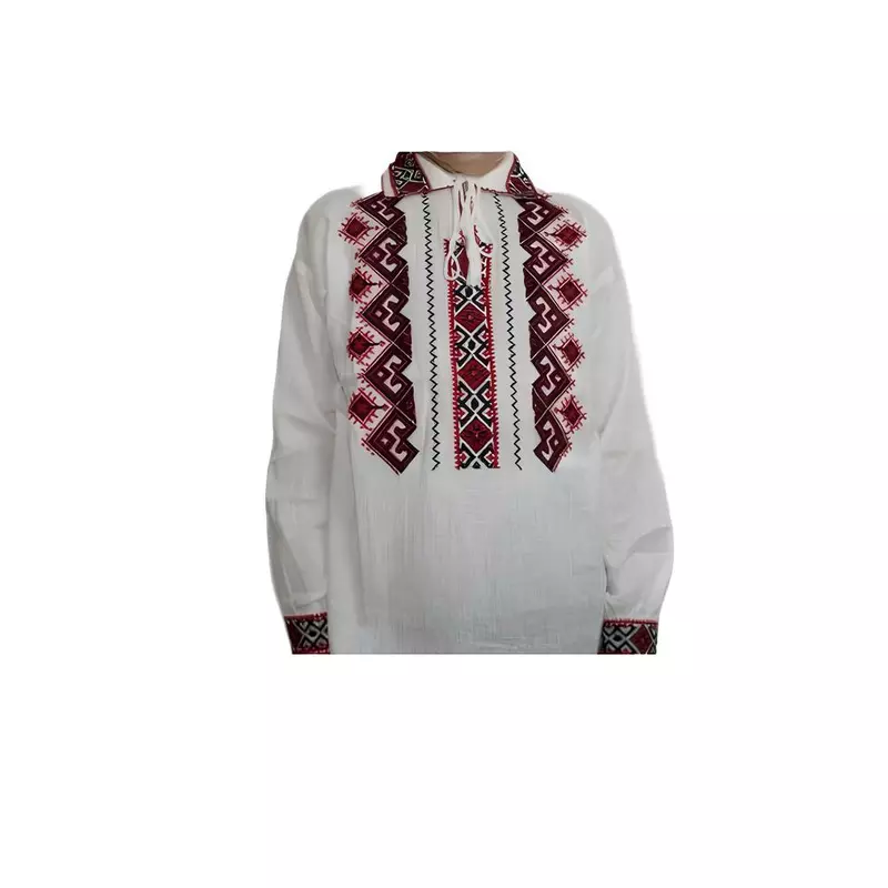Camasa Traditionala de Baieti Alba cu Motiv Geometric Rosu - ITB41