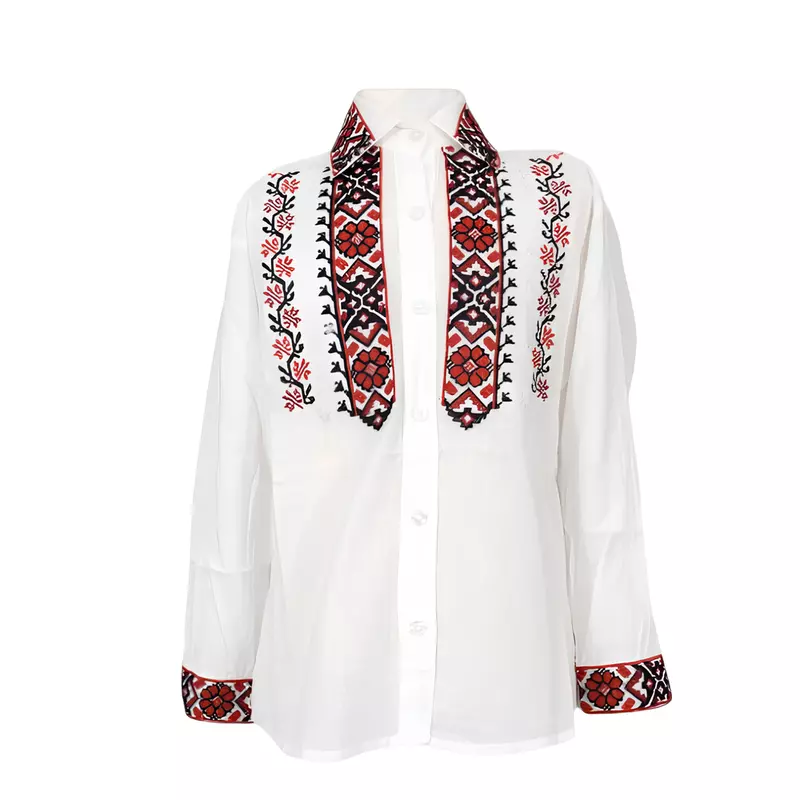 Camasa Traditionala de Baieti Alba cu Motiv Geometric Rosu - ITB42