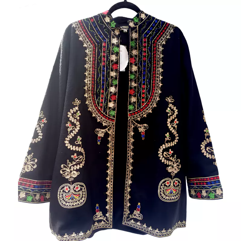 Palton traditional negru cu broderie florala multicolora - PTI02