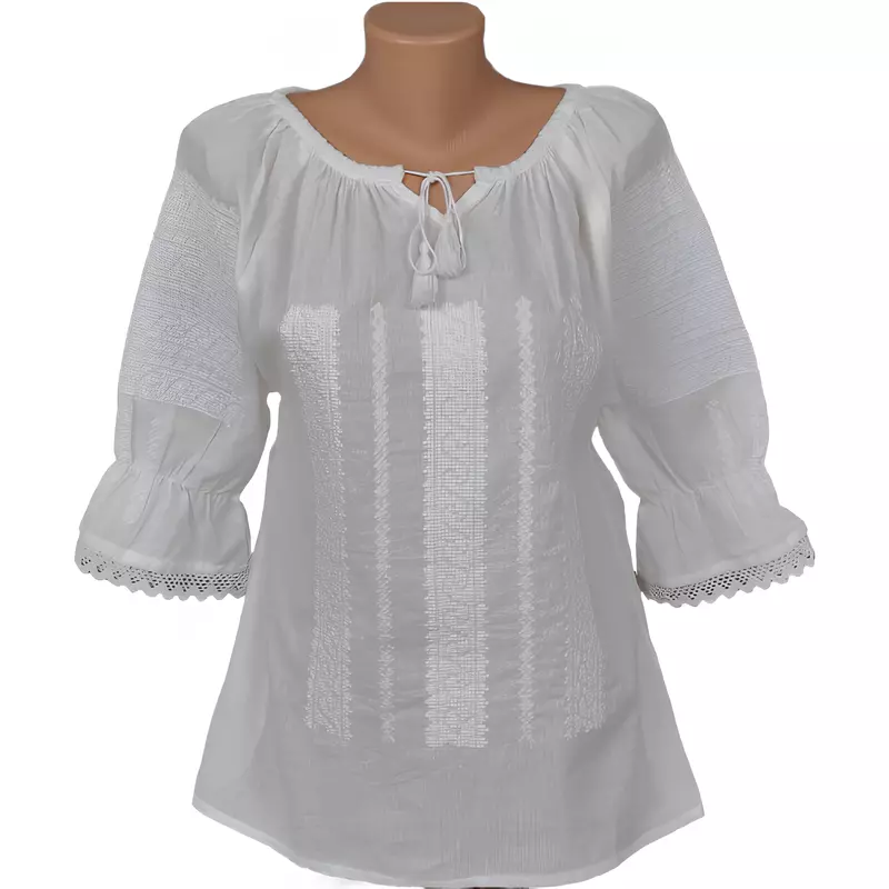 Ie Traditionala Alba cu Motiv Geometric de Dama  - IMS23