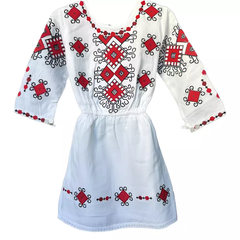 Rochie traditionala alba pentru fetite cu motiv geometric -  RTF13