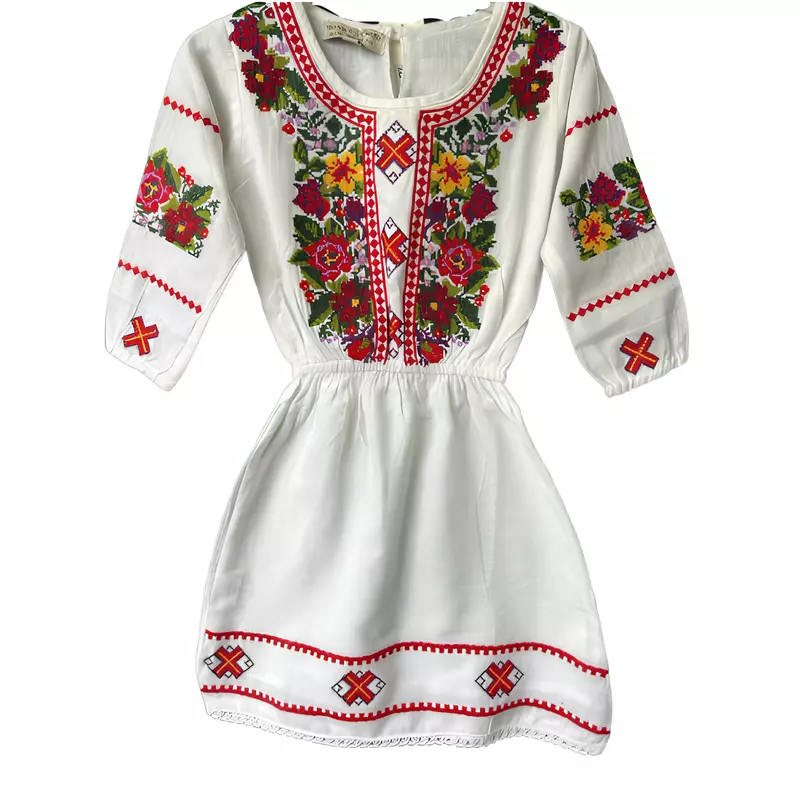 Rochie traditionala alba pentru fetite cu motiv floral multicolor - RTF14