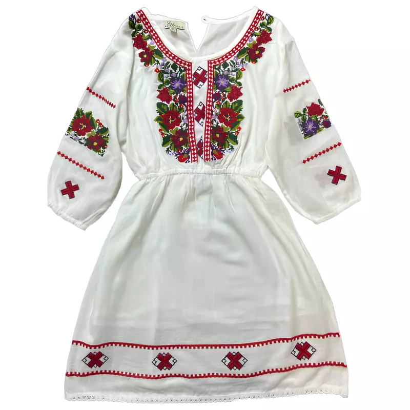 Rochie Traditionala Alba pentru Fetite cu Motiv Floral Multicolor -  RTF10