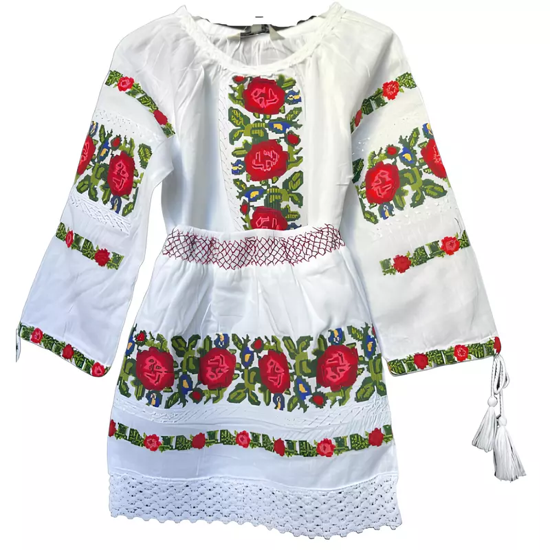 Compleu traditional alb pentru fetite cu motiv floral rosu -  RTF18