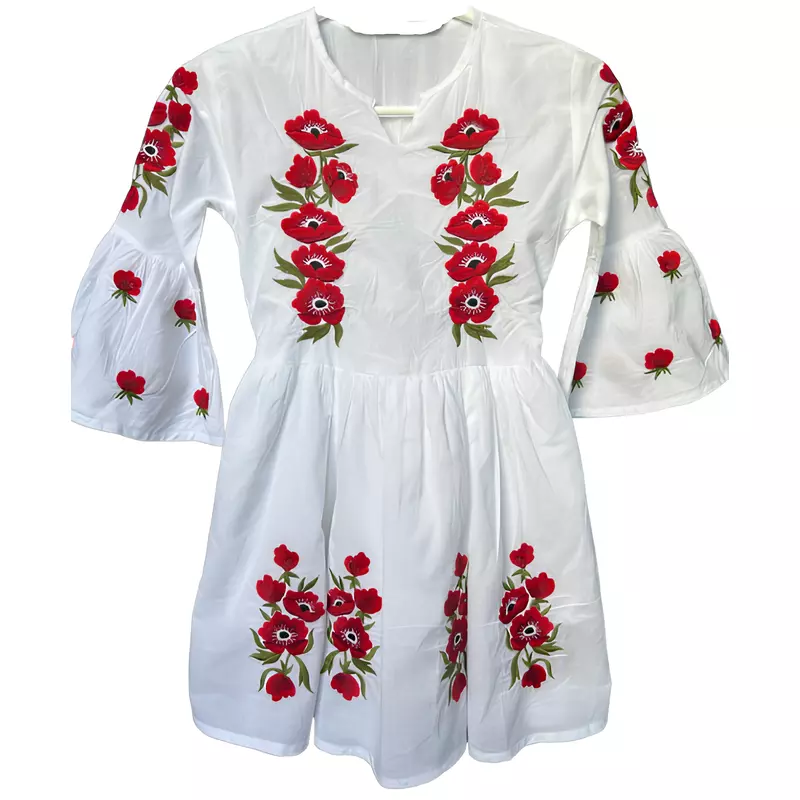 Rochie Traditionala Alba pentru Fetite cu Motiv Floral Rosu-  RTF11