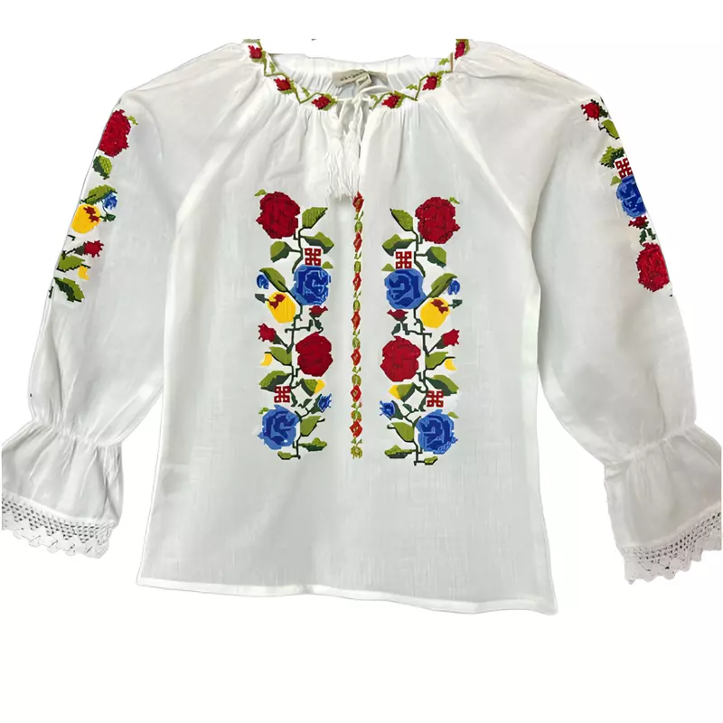 Ie traditionala alba pentru fetite cu motiv floral tricolor - ITF28