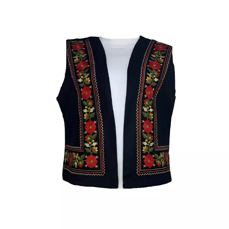 Vesta Traditionala Neagra cu Broderie Florala Rosie - VT17
