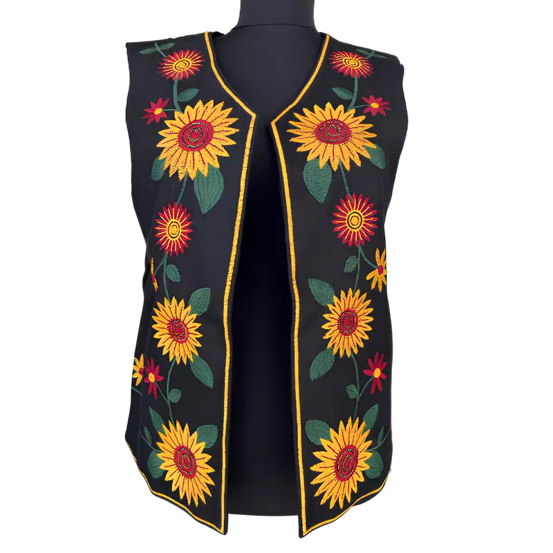 Vesta Traditionala Neagra cu Broderie Florala Galbena, de Dama  - VT08