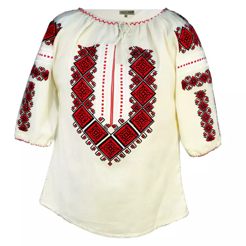 Ie Traditionala Crem cu Motiv Geometric Rosu de Dama - IMS13