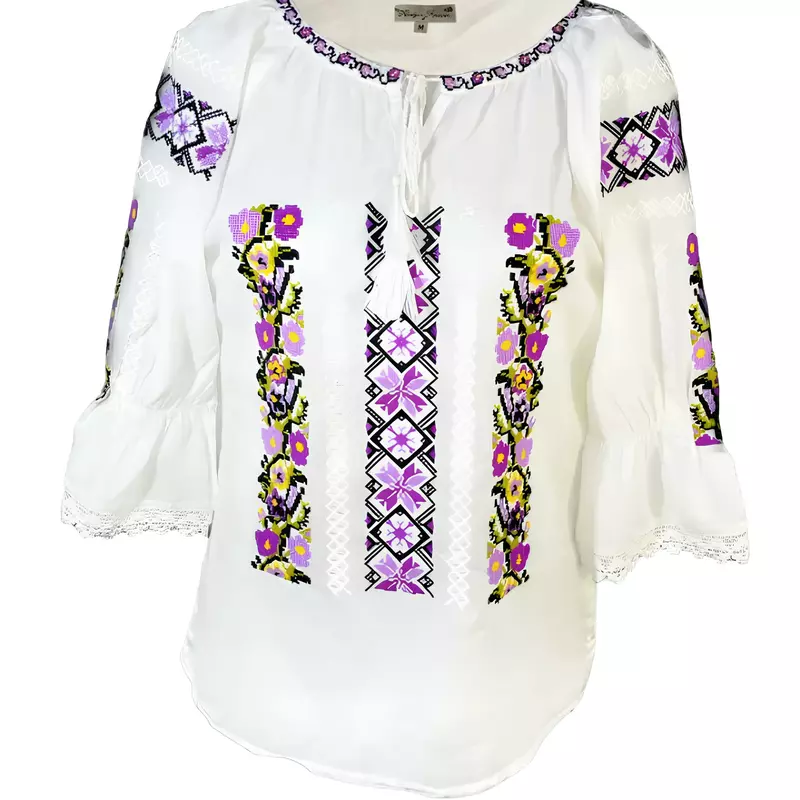 Ie Traditionala Alba cu Motiv Floral Mov de Dama  - IMS06