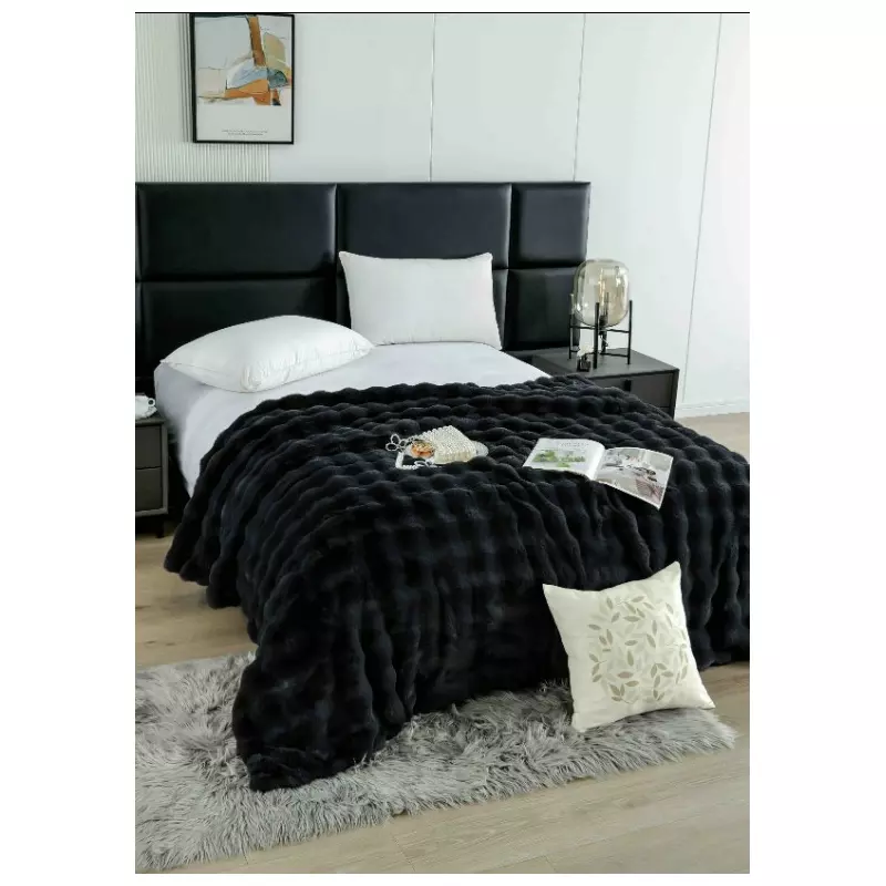 Patura Cocolino cu Blanita Artificiala de Iepure pentru Pat Dublu, Negru - JOJ620