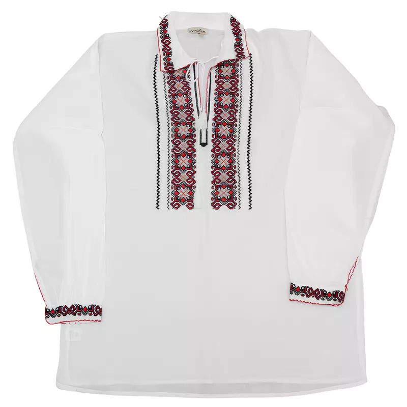 Camasa Barbateasca Traditionala Alba cu Motiv Geometric Rosu  - CTI20