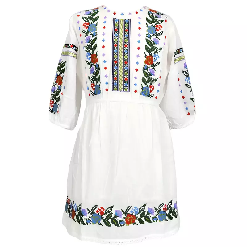 Compleu traditional alb pentru fetite cu motiv floral multicolor - RTF15